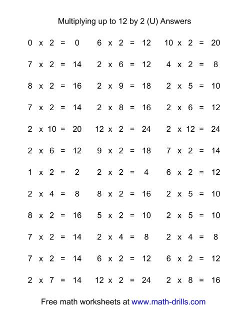 The 36 Horizontal Multiplication Facts Questions -- 2 by 0-12 (U) Math Worksheet Page 2