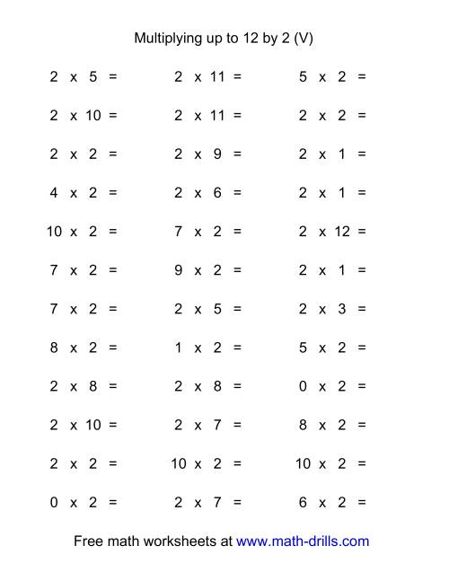 The 36 Horizontal Multiplication Facts Questions -- 2 by 0-12 (V) Math Worksheet