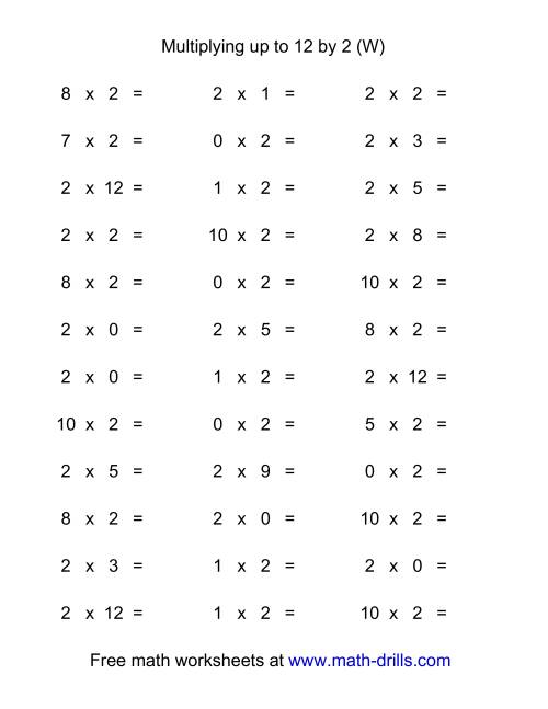 The 36 Horizontal Multiplication Facts Questions -- 2 by 0-12 (W) Math Worksheet