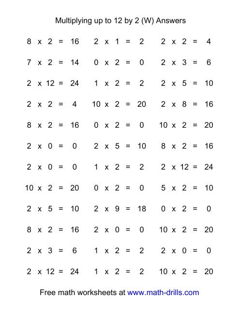 The 36 Horizontal Multiplication Facts Questions -- 2 by 0-12 (W) Math Worksheet Page 2