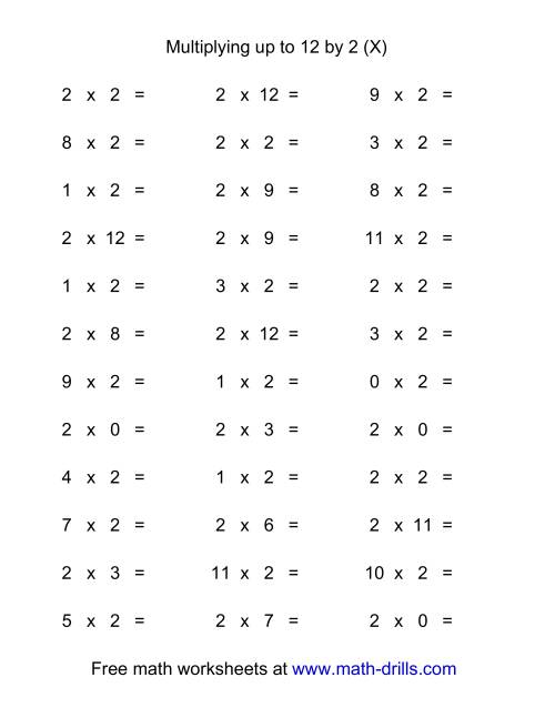 The 36 Horizontal Multiplication Facts Questions -- 2 by 0-12 (X) Math Worksheet