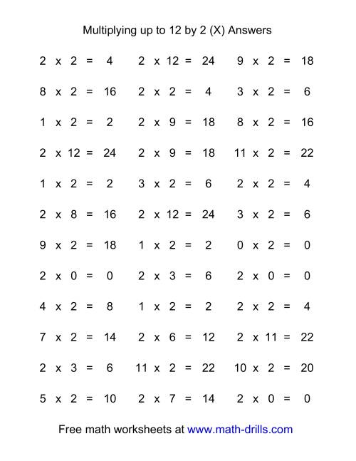 The 36 Horizontal Multiplication Facts Questions -- 2 by 0-12 (X) Math Worksheet Page 2