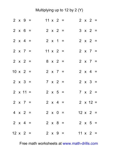 The 36 Horizontal Multiplication Facts Questions -- 2 by 0-12 (Y) Math Worksheet