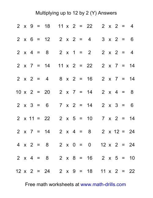 The 36 Horizontal Multiplication Facts Questions -- 2 by 0-12 (Y) Math Worksheet Page 2