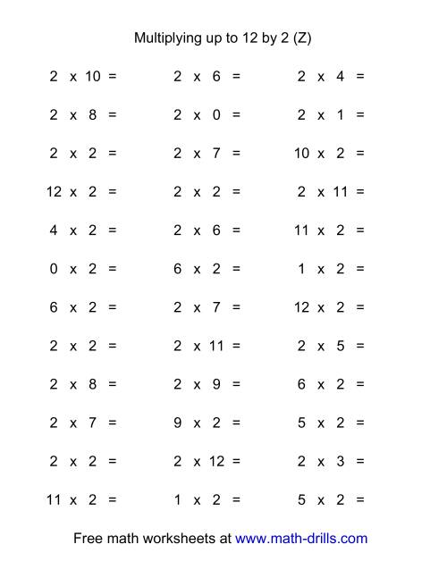 The 36 Horizontal Multiplication Facts Questions -- 2 by 0-12 (Z) Math Worksheet