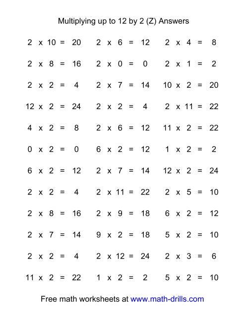 The 36 Horizontal Multiplication Facts Questions -- 2 by 0-12 (Z) Math Worksheet Page 2