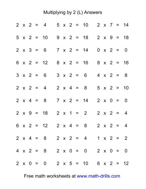 36 horizontal multiplication facts questions 2 by 0 9 l