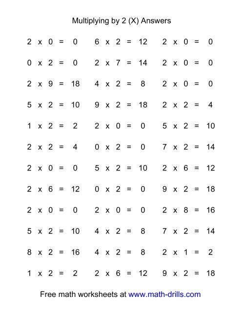 36 horizontal multiplication facts questions 2 by 0 9 x