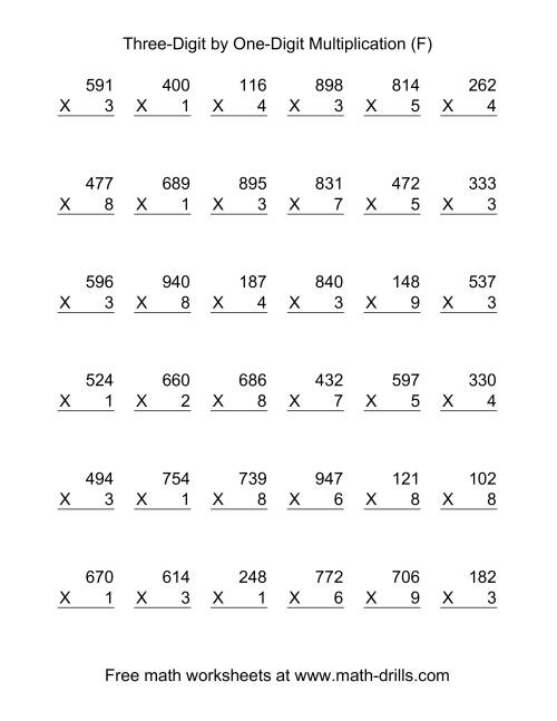 The Multiplying Three-Digit by One-Digit -- 36 per page (F) Math Worksheet
