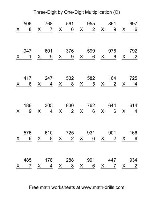 The Multiplying Three-Digit by One-Digit -- 36 per page (O) Math Worksheet