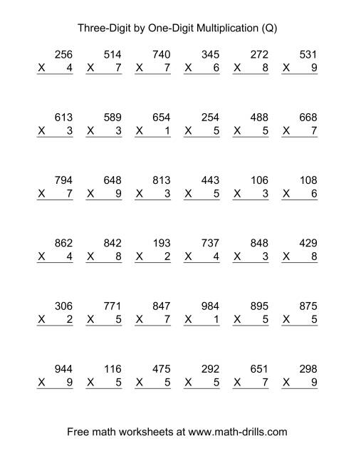 The Multiplying Three-Digit by One-Digit -- 36 per page (Q) Math Worksheet