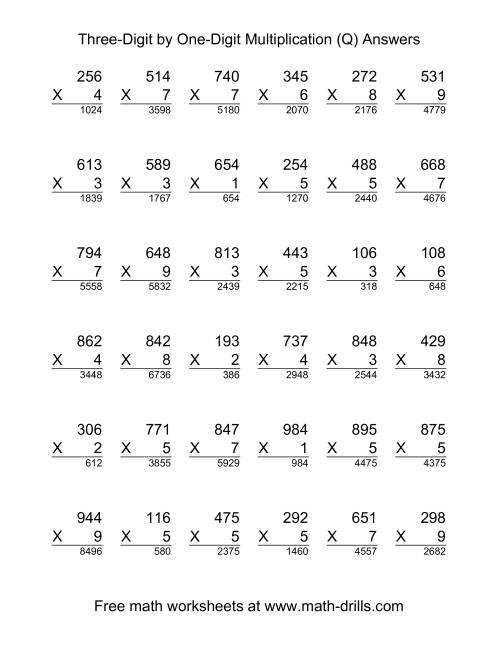 The Multiplying Three-Digit by One-Digit -- 36 per page (Q) Math Worksheet Page 2