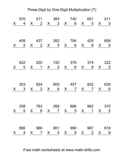 The Multiplying Three-Digit by One-Digit -- 36 per page (T) Math Worksheet
