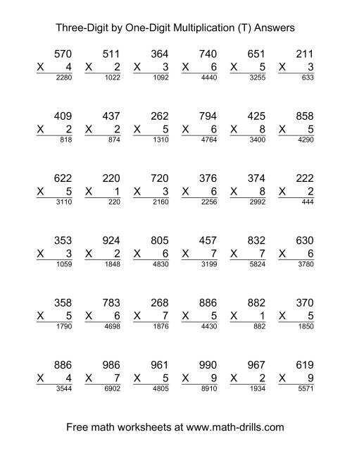 The Multiplying Three-Digit by One-Digit -- 36 per page (T) Math Worksheet Page 2