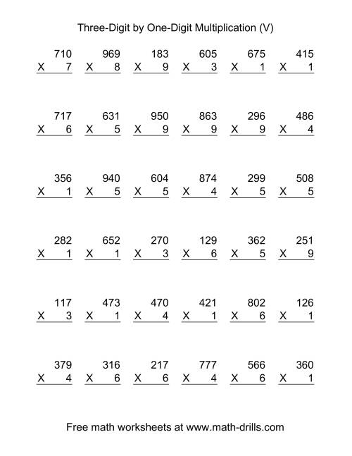 The Multiplying Three-Digit by One-Digit -- 36 per page (V) Math Worksheet