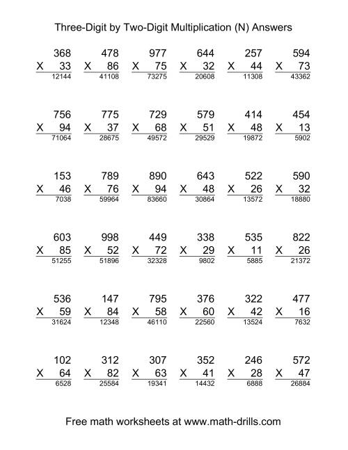 The Multiplying Three-Digit by Two-Digit -- 36 per page (N) Math Worksheet Page 2