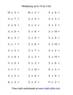 36 Horizontal Multiplication Facts Questions -- 3 by 0-12