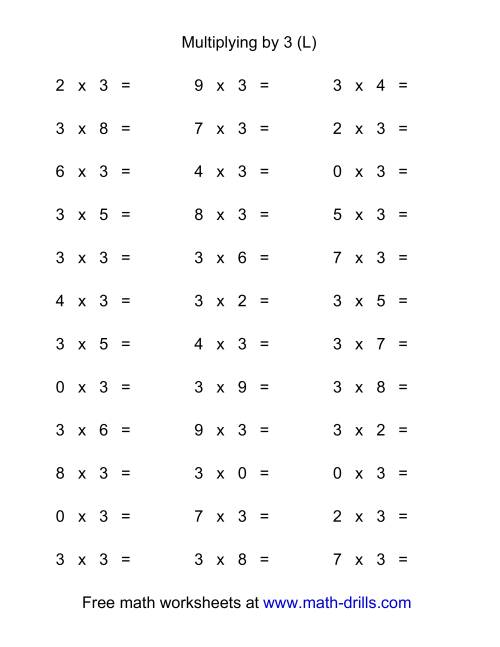 36 horizontal multiplication facts questions 3 by 0 9 l