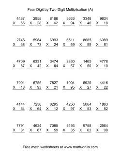 Multiplying Four-Digit by Two-Digit -- 36 per page