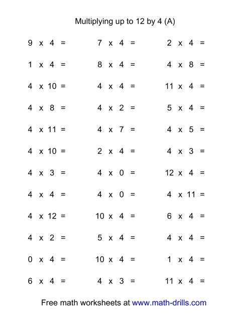 36 Horizontal Multiplication Facts Questions -- 4 by 0-12 (A)