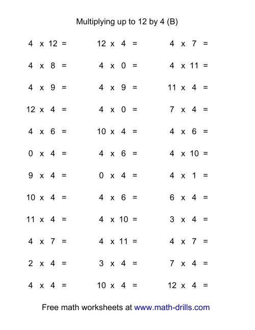 The 36 Horizontal Multiplication Facts Questions -- 4 by 0-12 (B) Math Worksheet