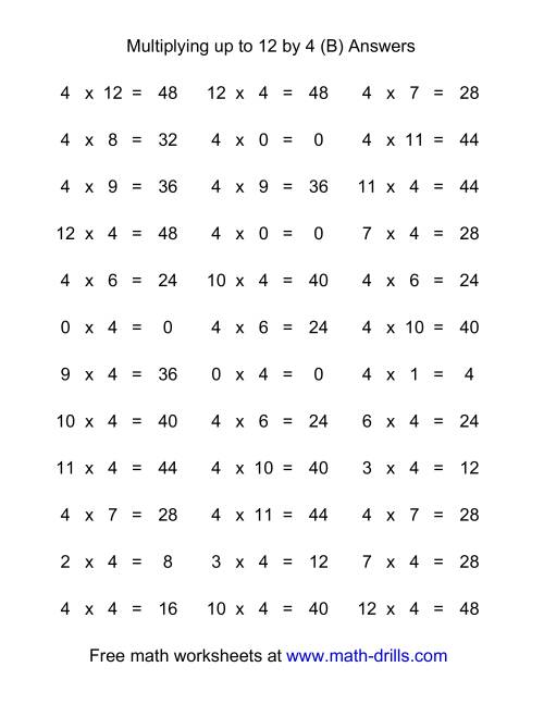 The 36 Horizontal Multiplication Facts Questions -- 4 by 0-12 (B) Math Worksheet Page 2