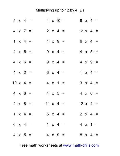 The 36 Horizontal Multiplication Facts Questions -- 4 by 0-12 (D) Math Worksheet