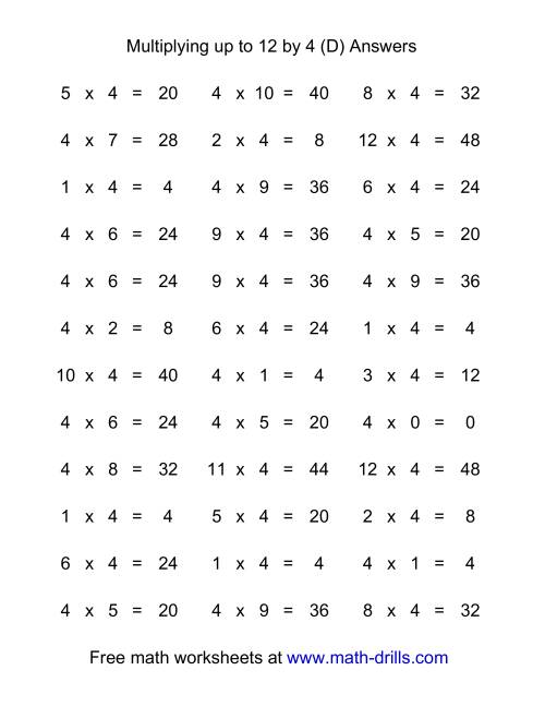 The 36 Horizontal Multiplication Facts Questions -- 4 by 0-12 (D) Math Worksheet Page 2