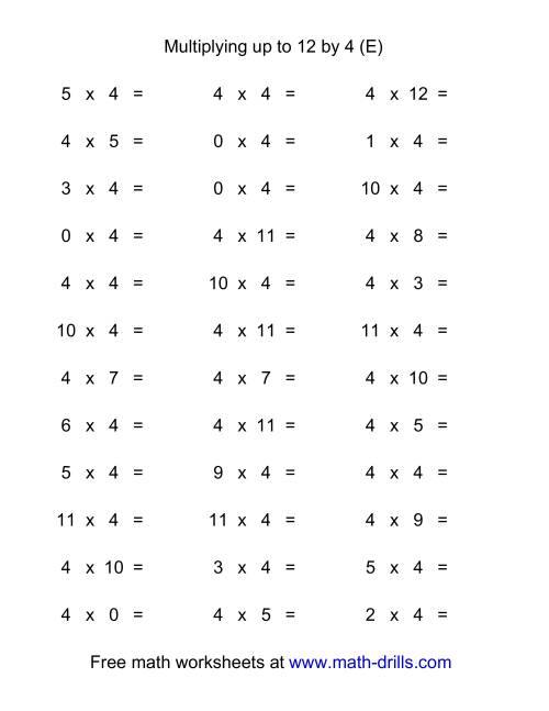 The 36 Horizontal Multiplication Facts Questions -- 4 by 0-12 (E) Math Worksheet