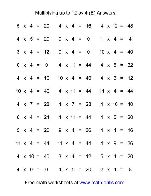 The 36 Horizontal Multiplication Facts Questions -- 4 by 0-12 (E) Math Worksheet Page 2