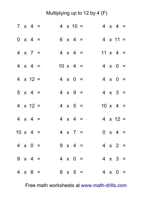 The 36 Horizontal Multiplication Facts Questions -- 4 by 0-12 (F) Math Worksheet