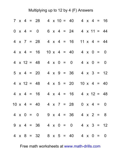 36 Horizontal Multiplication Facts Questions -- 4 by 0-12 (F)