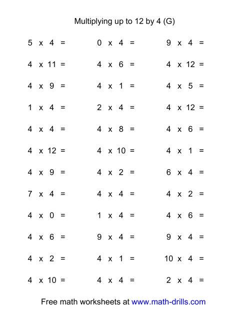 The 36 Horizontal Multiplication Facts Questions -- 4 by 0-12 (G) Math Worksheet