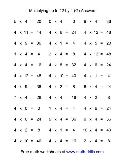 The 36 Horizontal Multiplication Facts Questions -- 4 by 0-12 (G) Math Worksheet Page 2