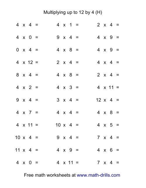 The 36 Horizontal Multiplication Facts Questions -- 4 by 0-12 (H) Math Worksheet