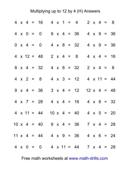 36 Horizontal Multiplication Facts Questions -- 4 by 0-12 (H)