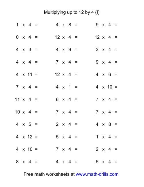 36 Horizontal Multiplication Facts Questions -- 4 by 0-12 (I)