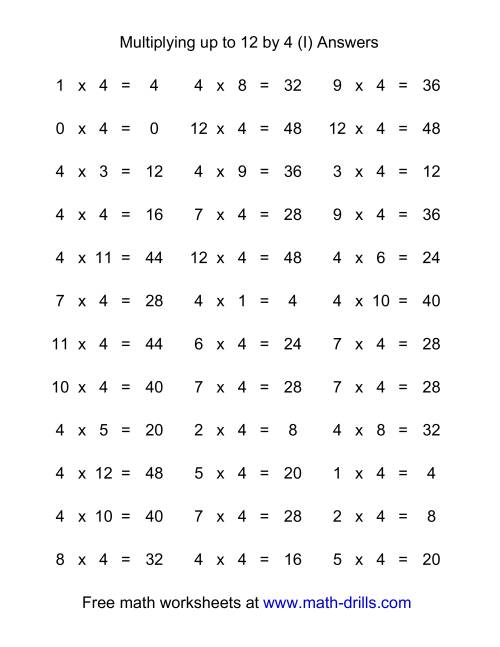 The 36 Horizontal Multiplication Facts Questions -- 4 by 0-12 (I) Math Worksheet Page 2