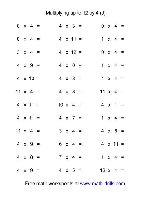 The 36 Horizontal Multiplication Facts Questions -- 4 by 0-12 (J) Math Worksheet