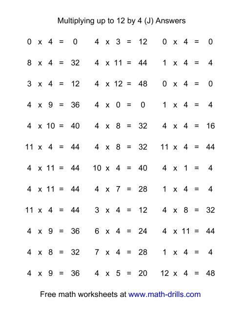 The 36 Horizontal Multiplication Facts Questions -- 4 by 0-12 (J) Math Worksheet Page 2