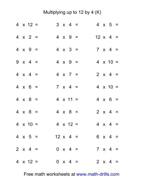 The 36 Horizontal Multiplication Facts Questions -- 4 by 0-12 (K) Math Worksheet