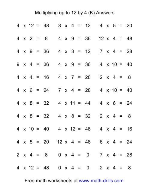 The 36 Horizontal Multiplication Facts Questions -- 4 by 0-12 (K) Math Worksheet Page 2