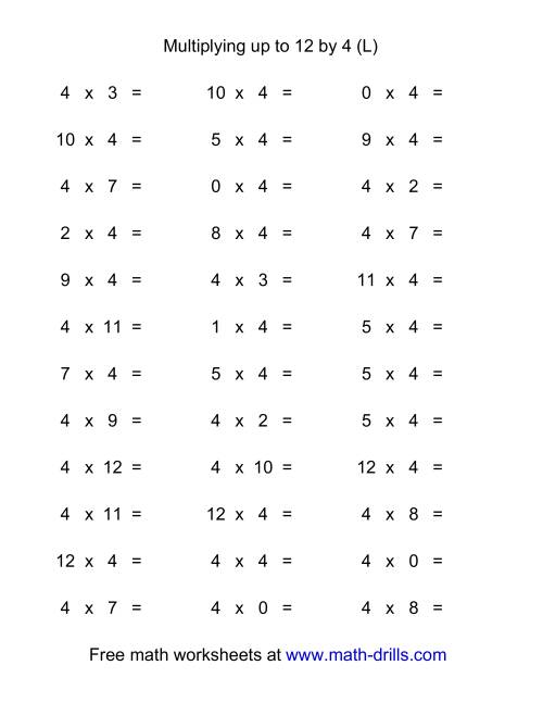 The 36 Horizontal Multiplication Facts Questions -- 4 by 0-12 (L) Math Worksheet