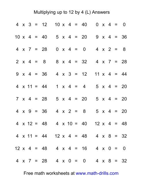 The 36 Horizontal Multiplication Facts Questions -- 4 by 0-12 (L) Math Worksheet Page 2