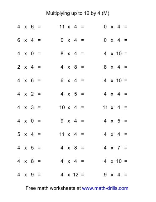 The 36 Horizontal Multiplication Facts Questions -- 4 by 0-12 (M) Math Worksheet