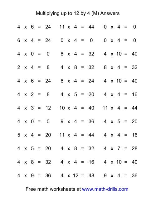 36 Horizontal Multiplication Facts Questions -- 4 by 0-12 (M)