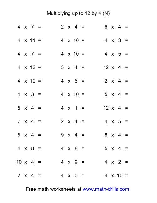 The 36 Horizontal Multiplication Facts Questions -- 4 by 0-12 (N) Math Worksheet