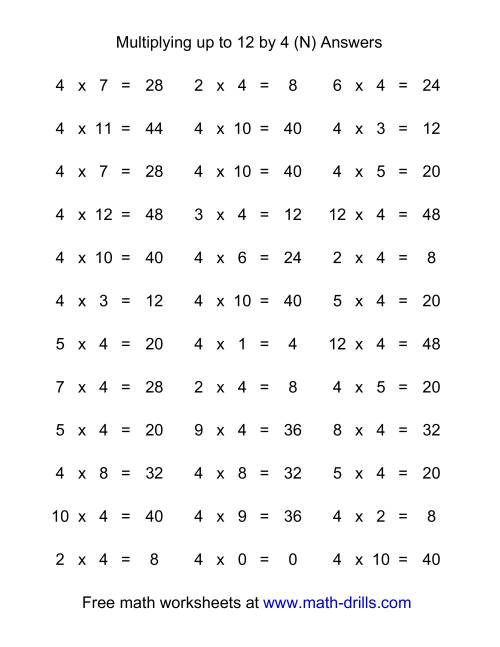 The 36 Horizontal Multiplication Facts Questions -- 4 by 0-12 (N) Math Worksheet Page 2