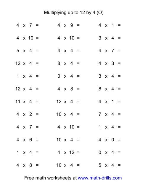 The 36 Horizontal Multiplication Facts Questions -- 4 by 0-12 (O) Math Worksheet