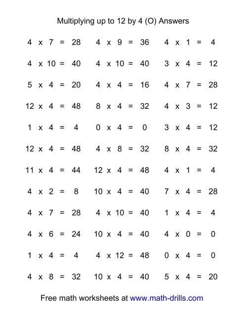 36 Horizontal Multiplication Facts Questions -- 4 by 0-12 (O)